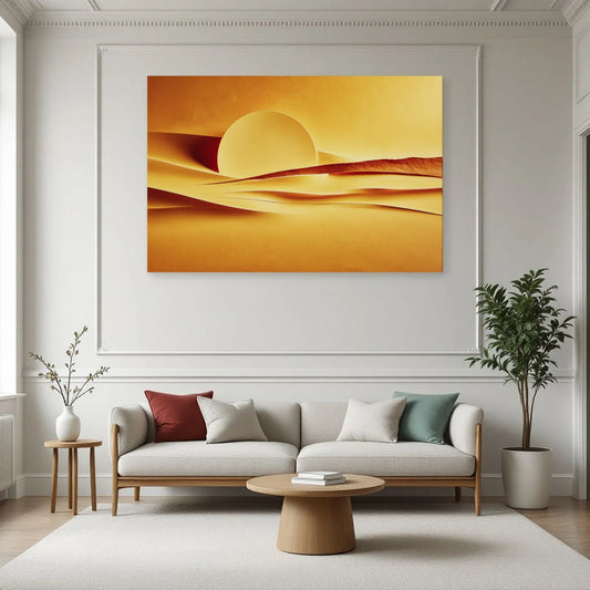 Tableau jaune horizon solaire installé au-dessus d'un canapé de salon par Art Virtuoso