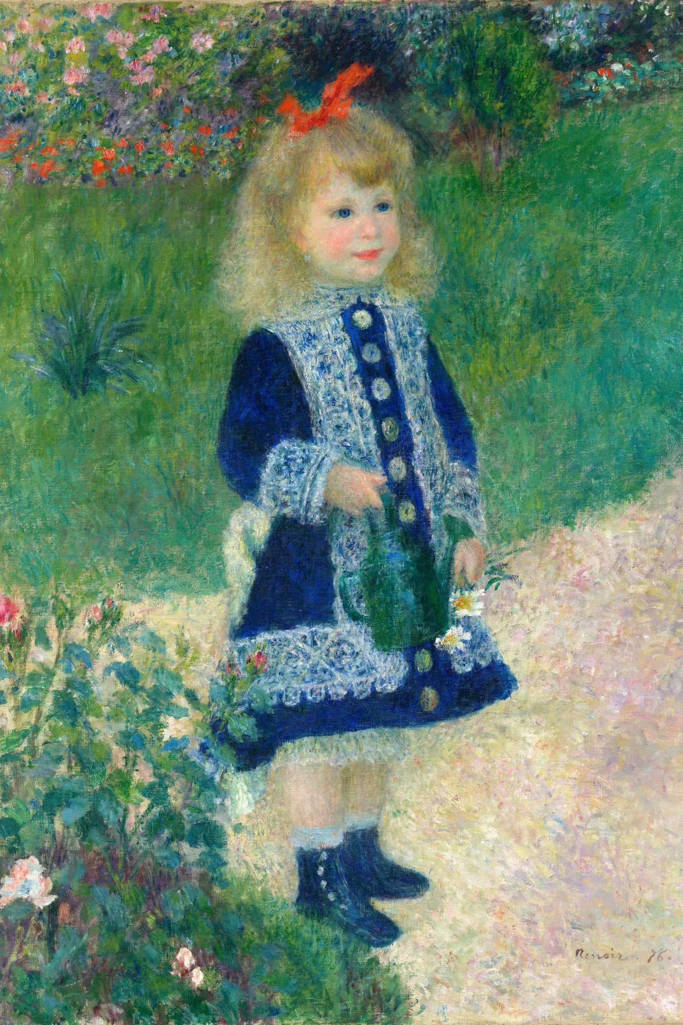 Fillette en robe bleue avec arrosoir vert dans un jardin, toile S