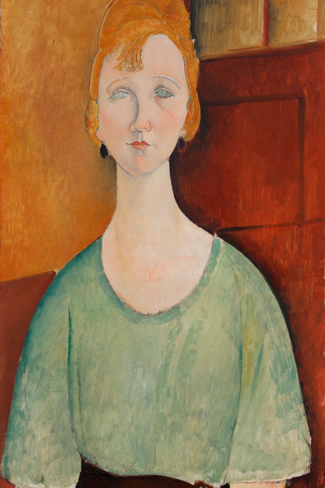 Jeune fille au chemisier vert d’Amedeo Modigliani – une jeune femme au long cou porte un chemisier vert tendre devant un fond orange et brun – format M