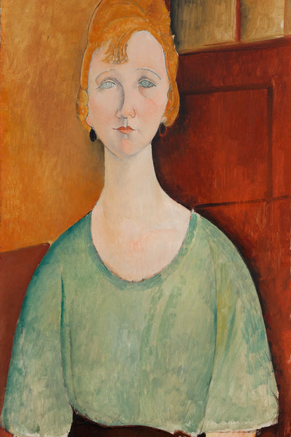 Jeune fille au chemisier vert d’Amedeo Modigliani – une jeune femme au long cou porte un chemisier vert tendre devant un fond orange et brun – format M