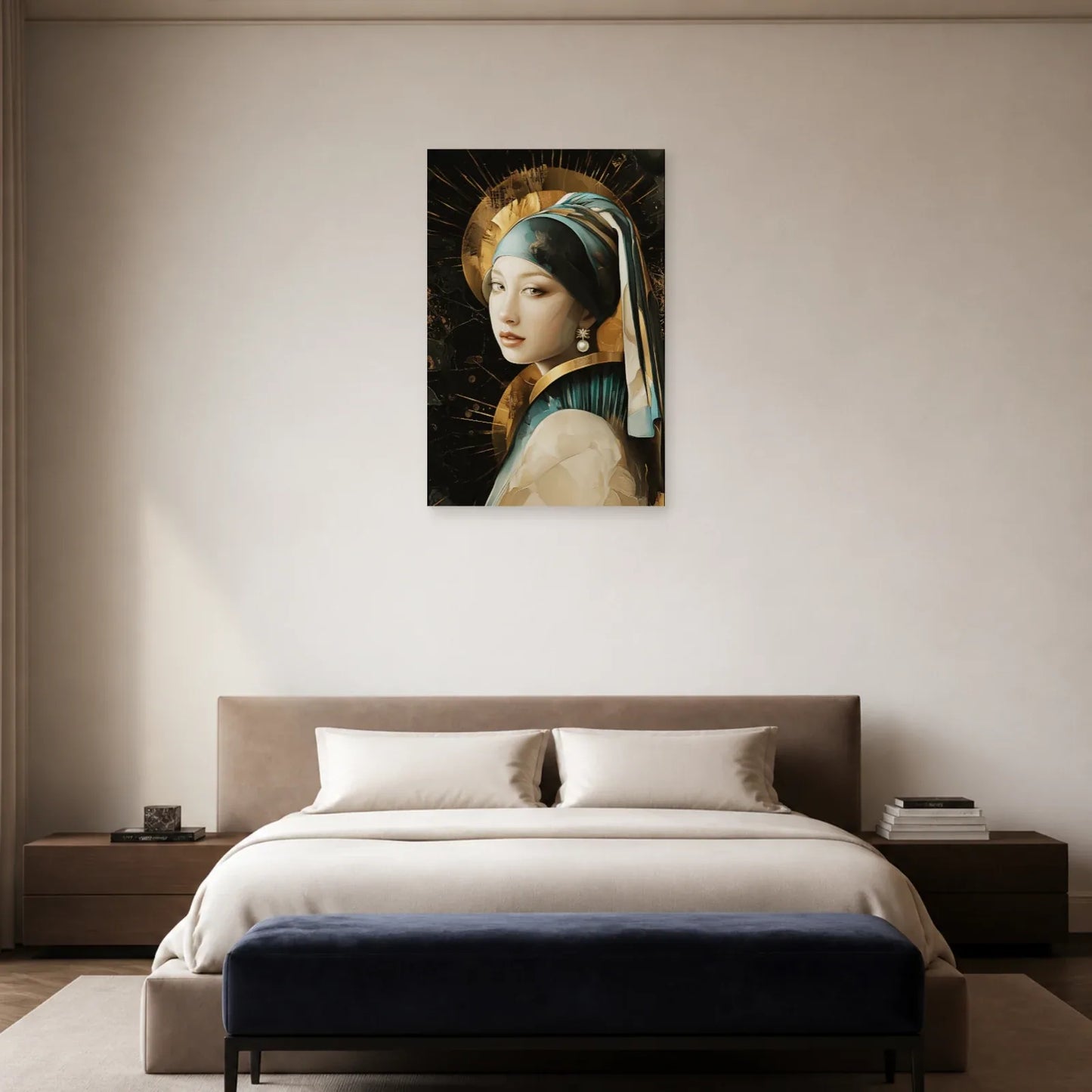Jeune Fille à la perle Art Déco dans une chambre bleu nuit