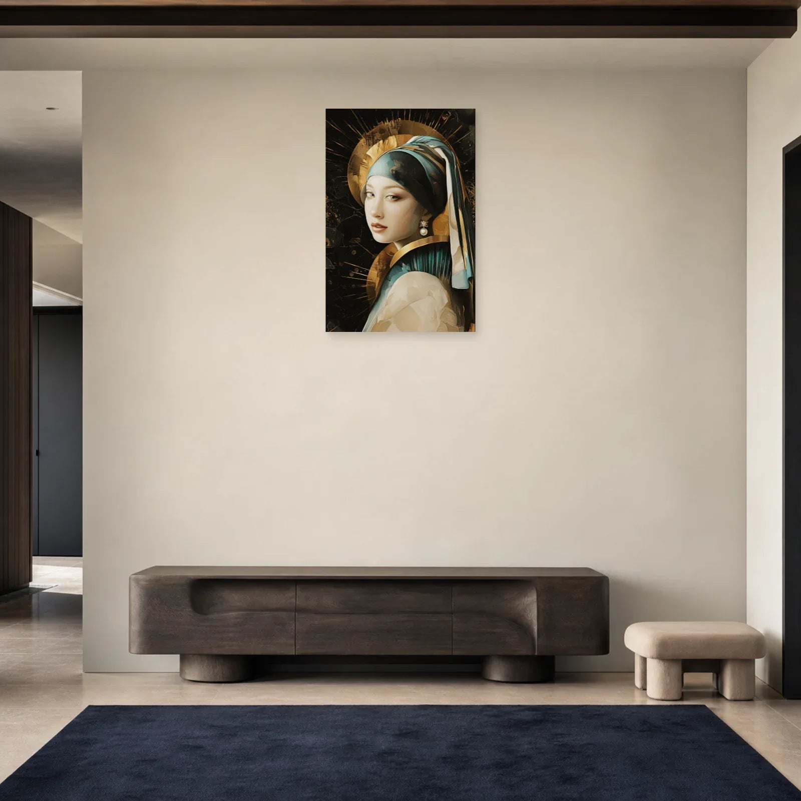 Tableau Jeune Fille à la perle présenté dans une entrée noire