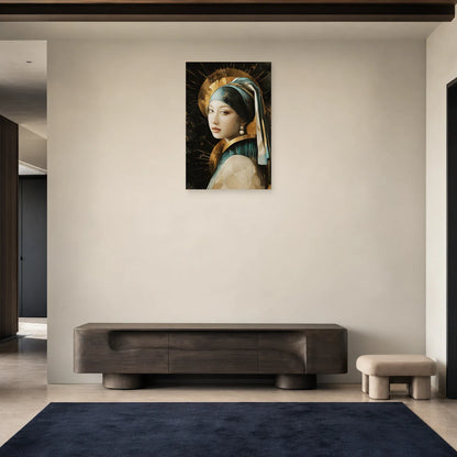 Tableau Jeune Fille à la perle présenté dans une entrée noire