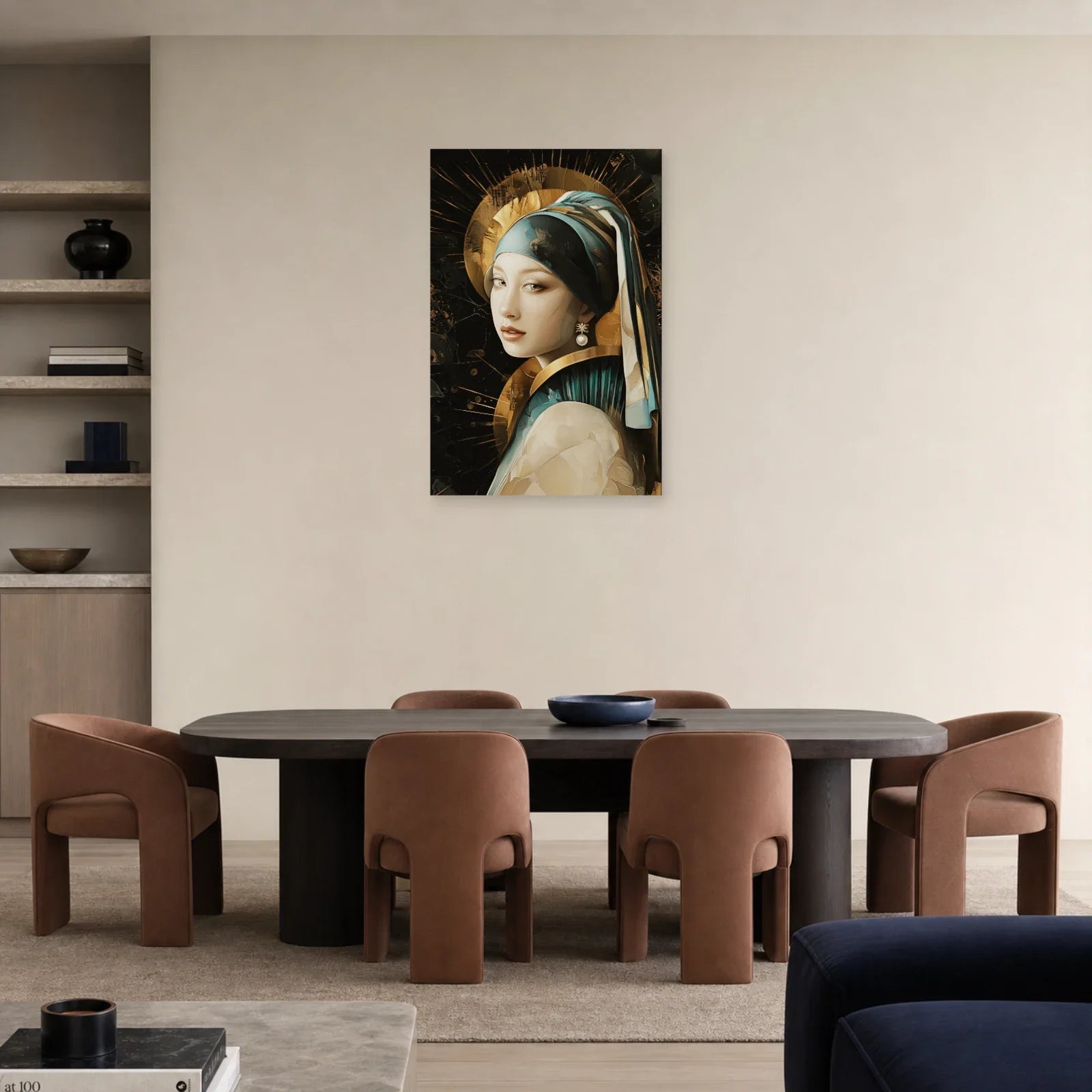 Portrait au turban bleu-vert dans une salle à manger sombre