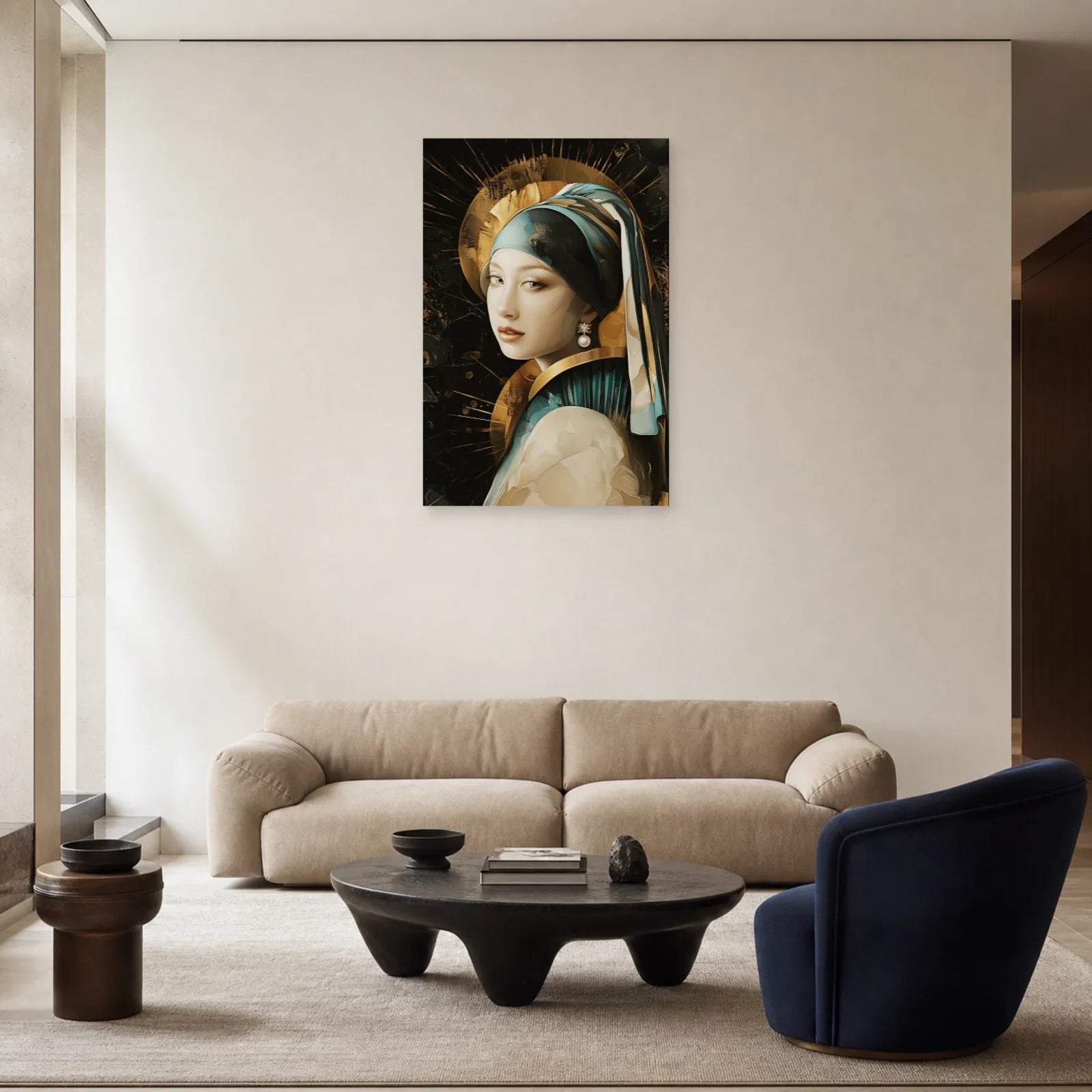 Portrait Art Déco noir et or exposé dans un salon feutré