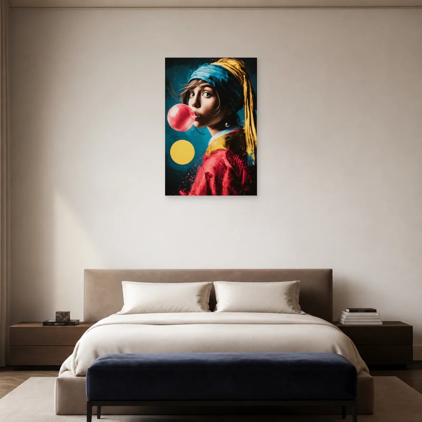 Tableau au chewing-gum rose dans une chambre bleu pétrole