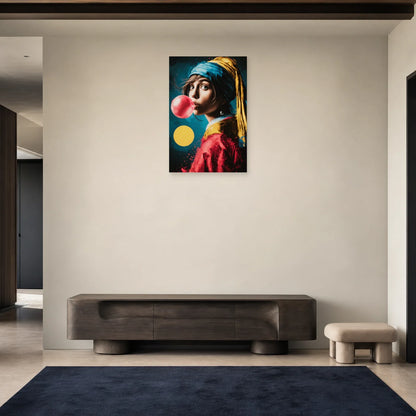 Tableau Jeune Fille à la perle présenté dans une entrée moderne