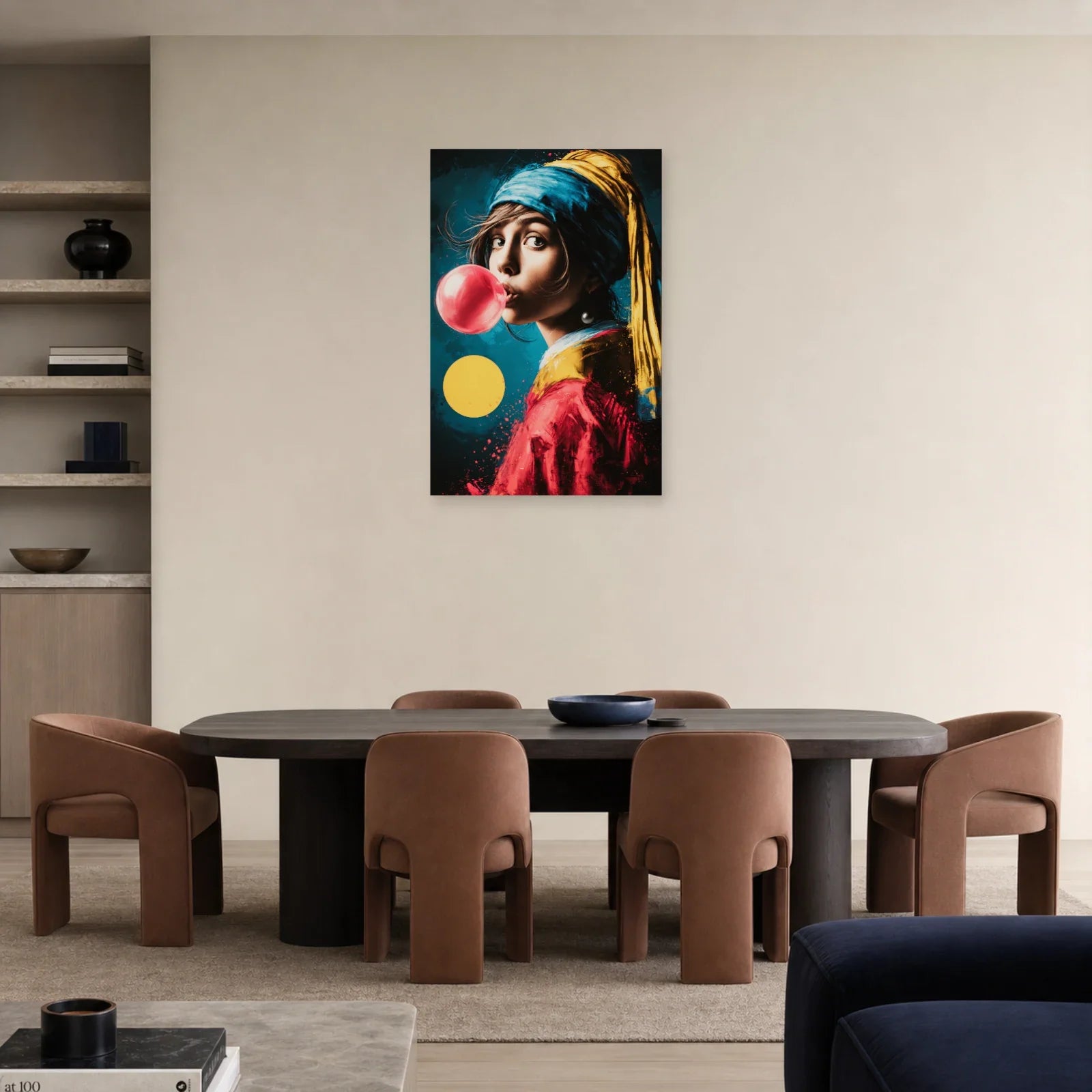 Portrait pop au turban dans une salle à manger colorée