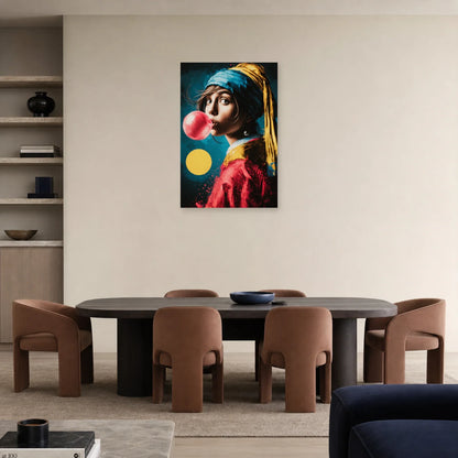 Portrait pop au turban dans une salle à manger colorée