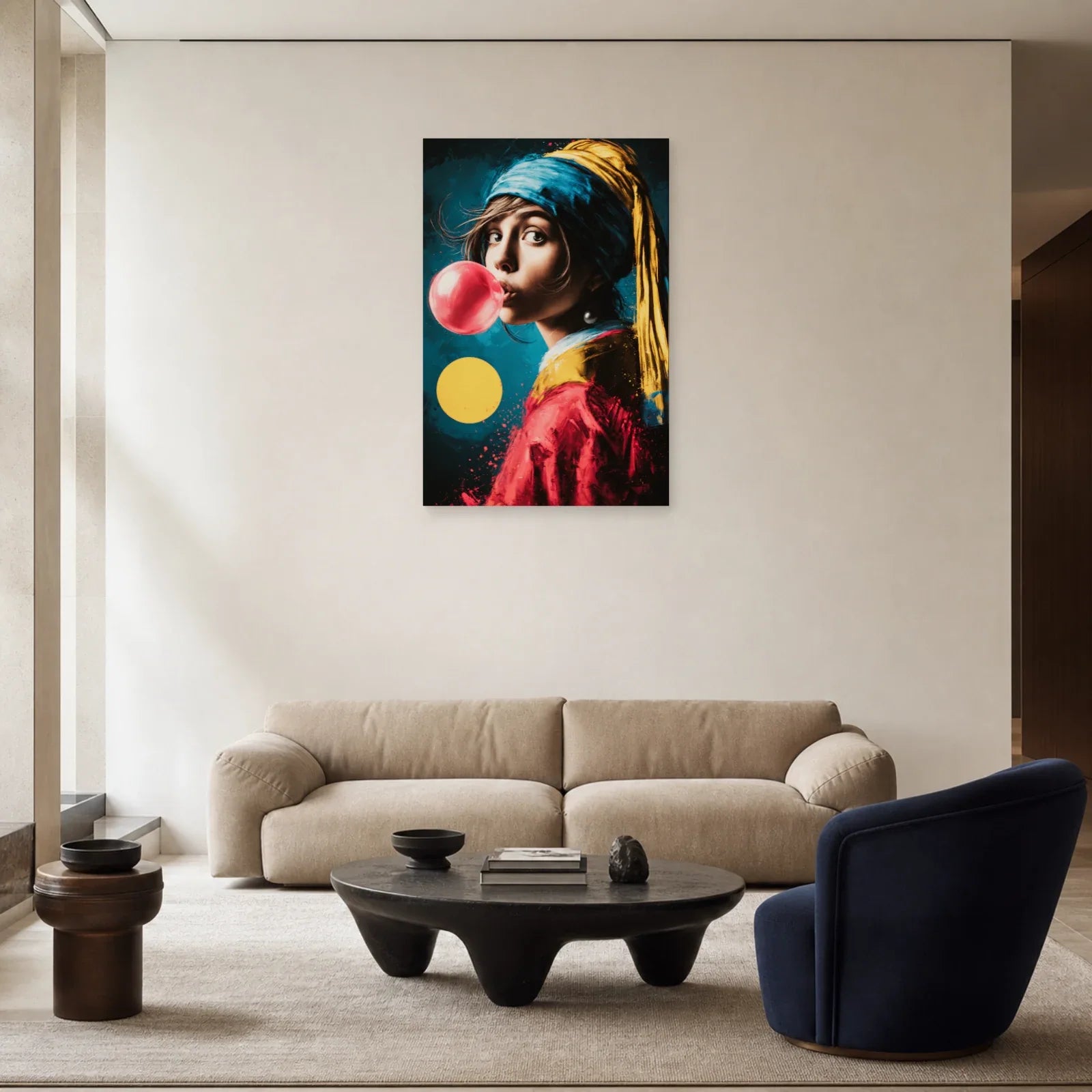 Tableau à la bulle rose exposé dans un salon contemporain