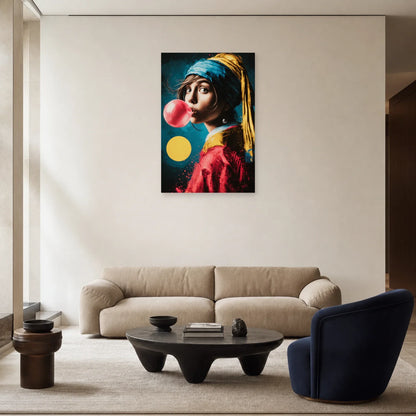 Tableau à la bulle rose exposé dans un salon contemporain