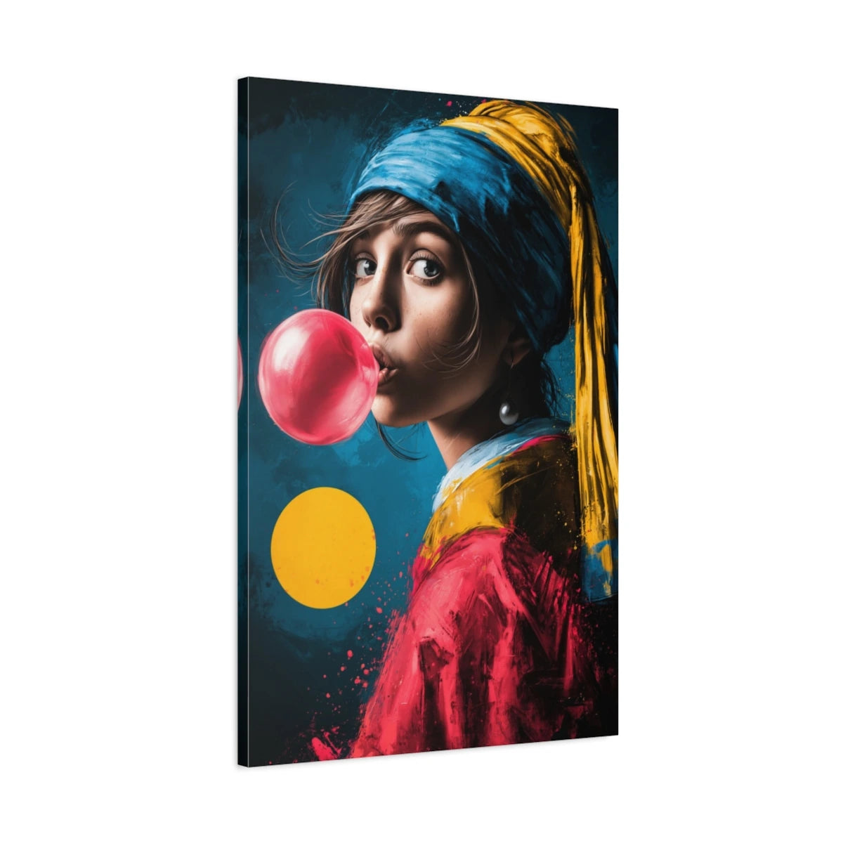 Vue 3D de côté du tableau Jeune Fille à la perle avec bulle rose