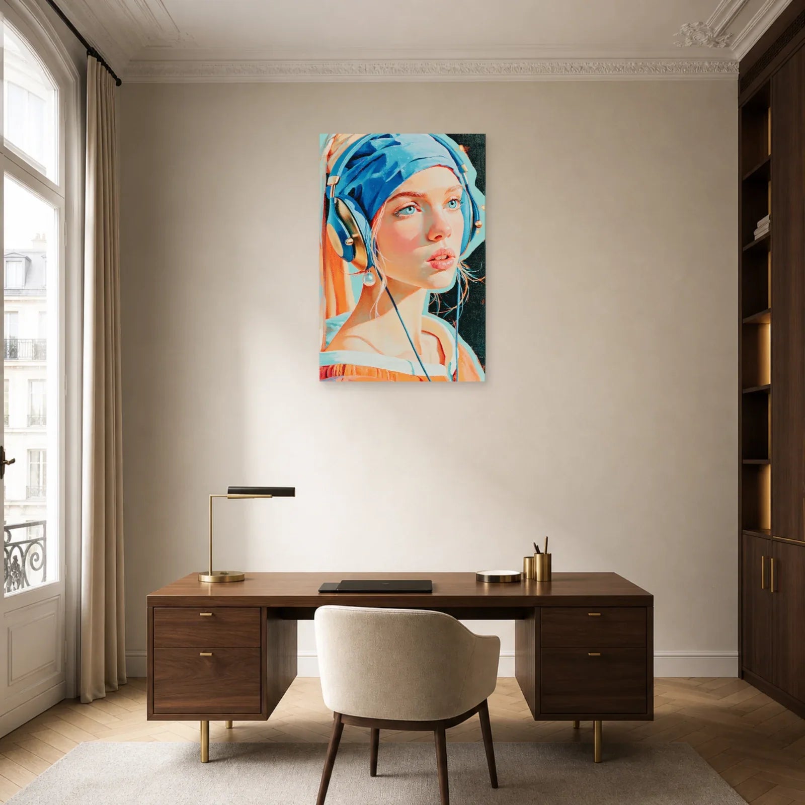 Portrait Jeune Fille à la perle installé dans un bureau musical