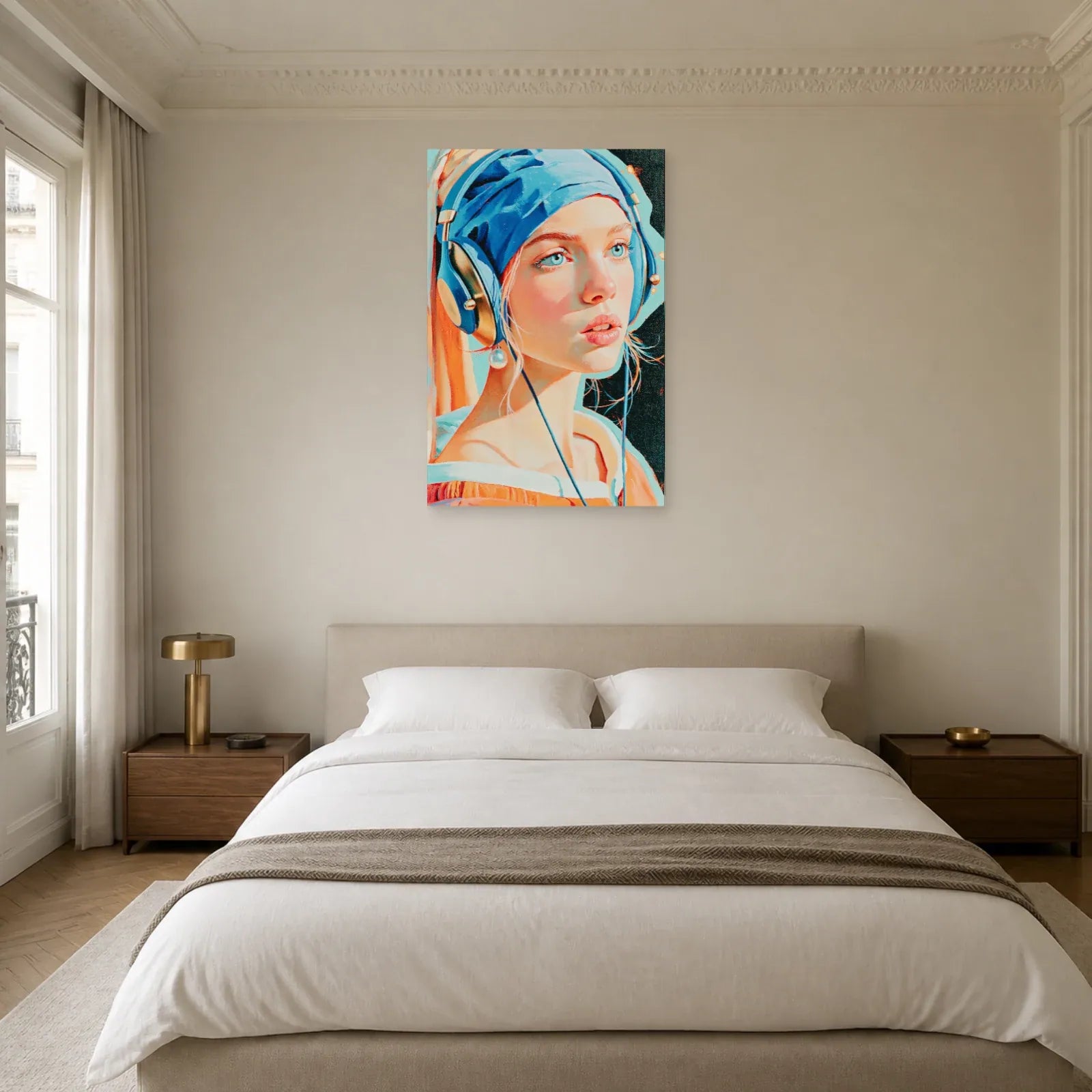 Tableau au turban bleu et à la perle présenté dans une chambre