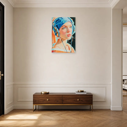 Tableau Jeune Fille à la perle accroché dans une entrée sombre