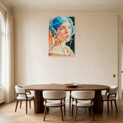 Portrait féminin avec casque audio dans une salle à manger