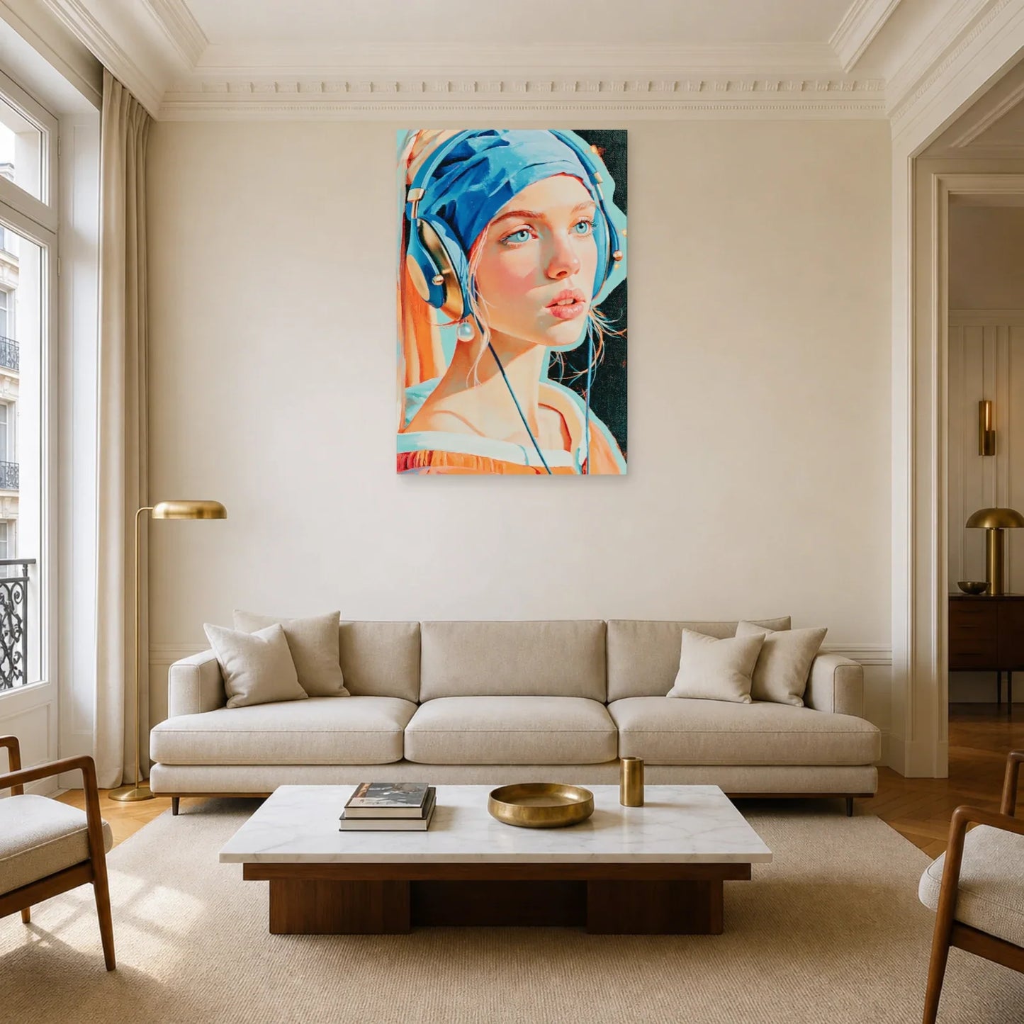 Tableau au casque audio bleu exposé dans un salon contemporain