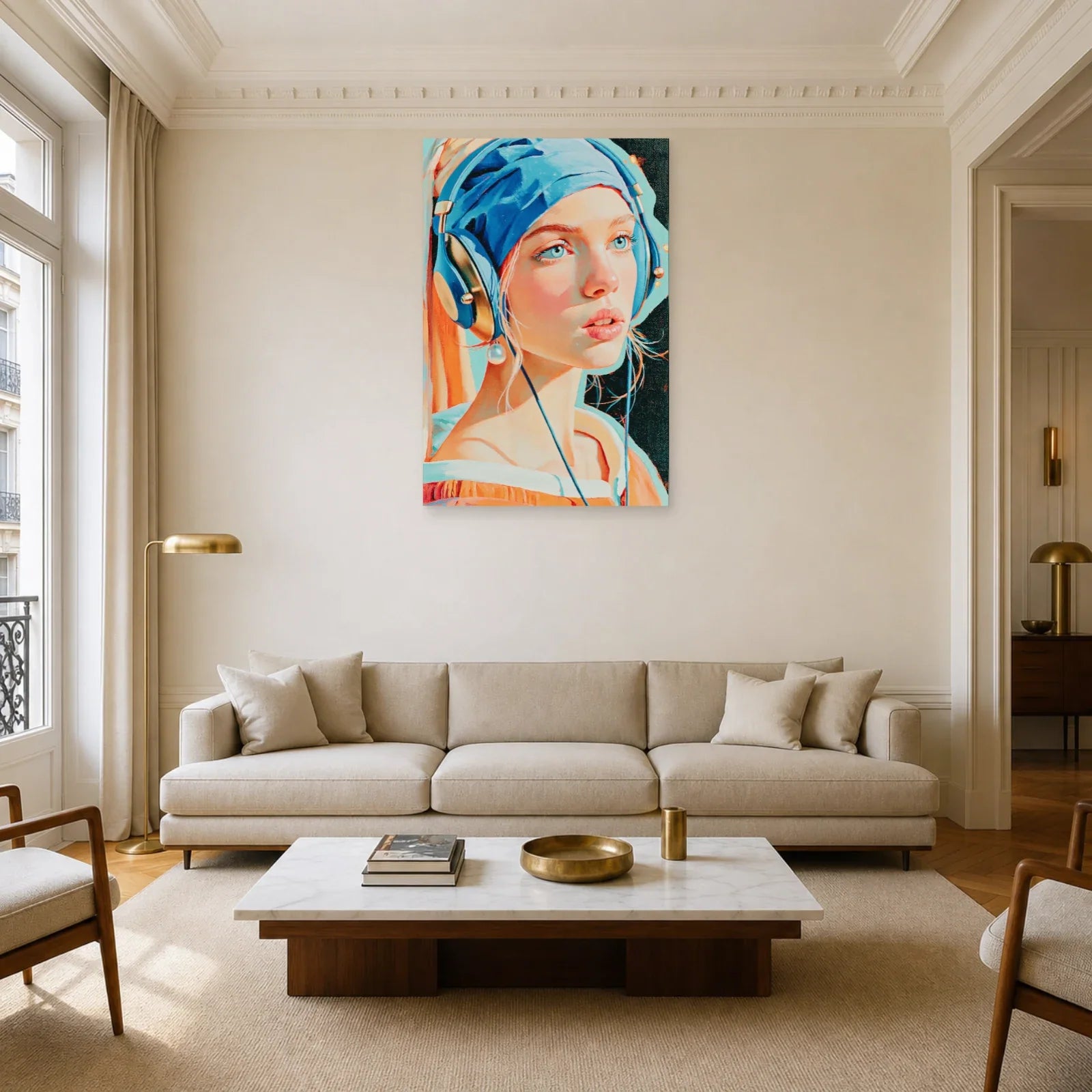 Tableau au casque audio bleu exposé dans un salon contemporain