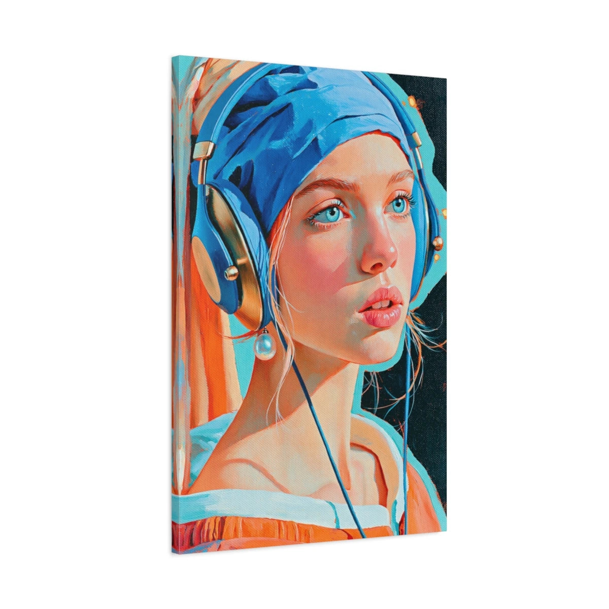 Vue 3D de côté du tableau Jeune Fille à la perle avec casque audio bleu