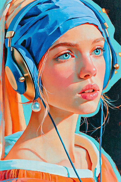 Portrait serré bleu et corail avec oreillette bronze, format XL