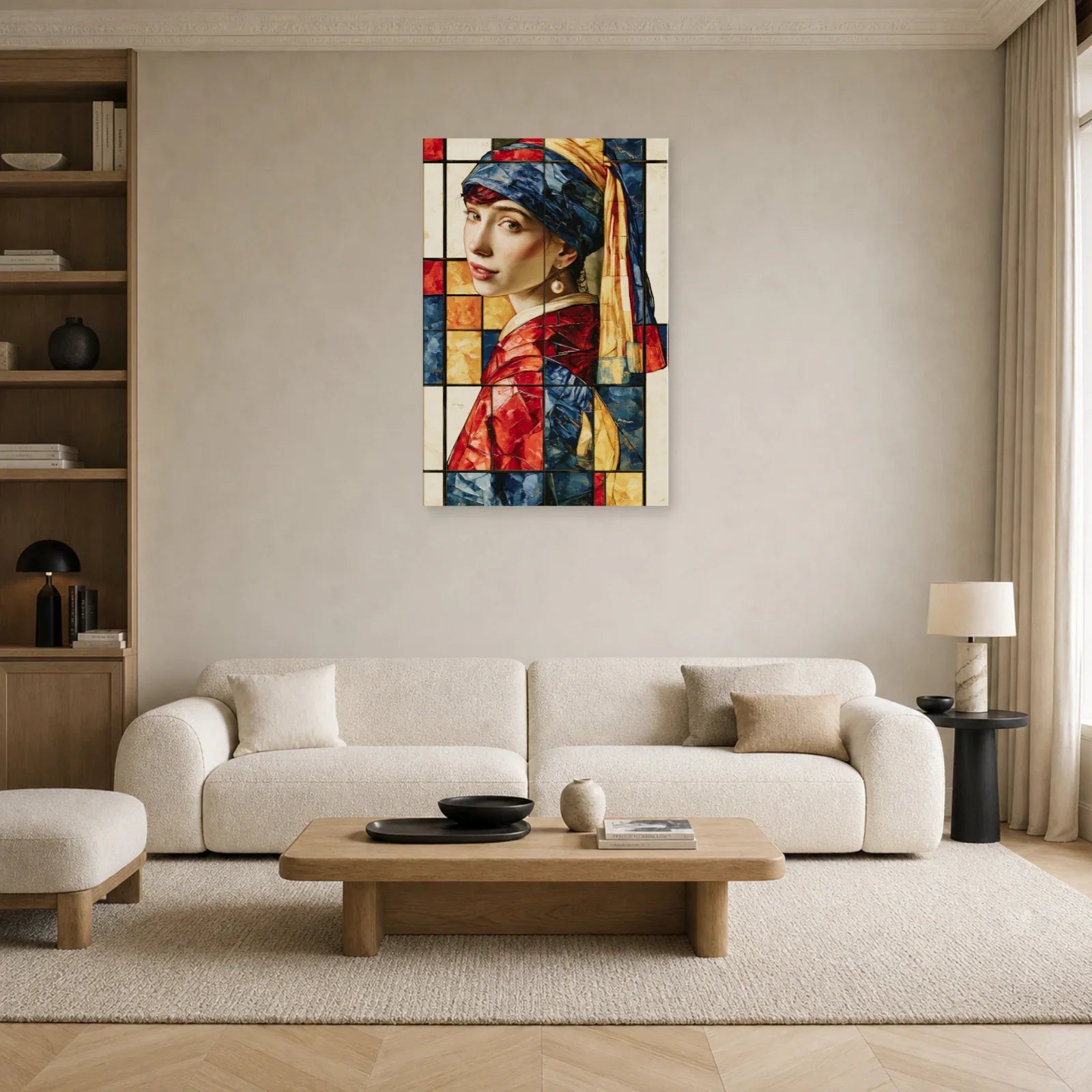Portrait géométrique exposé dans un salon contemporain