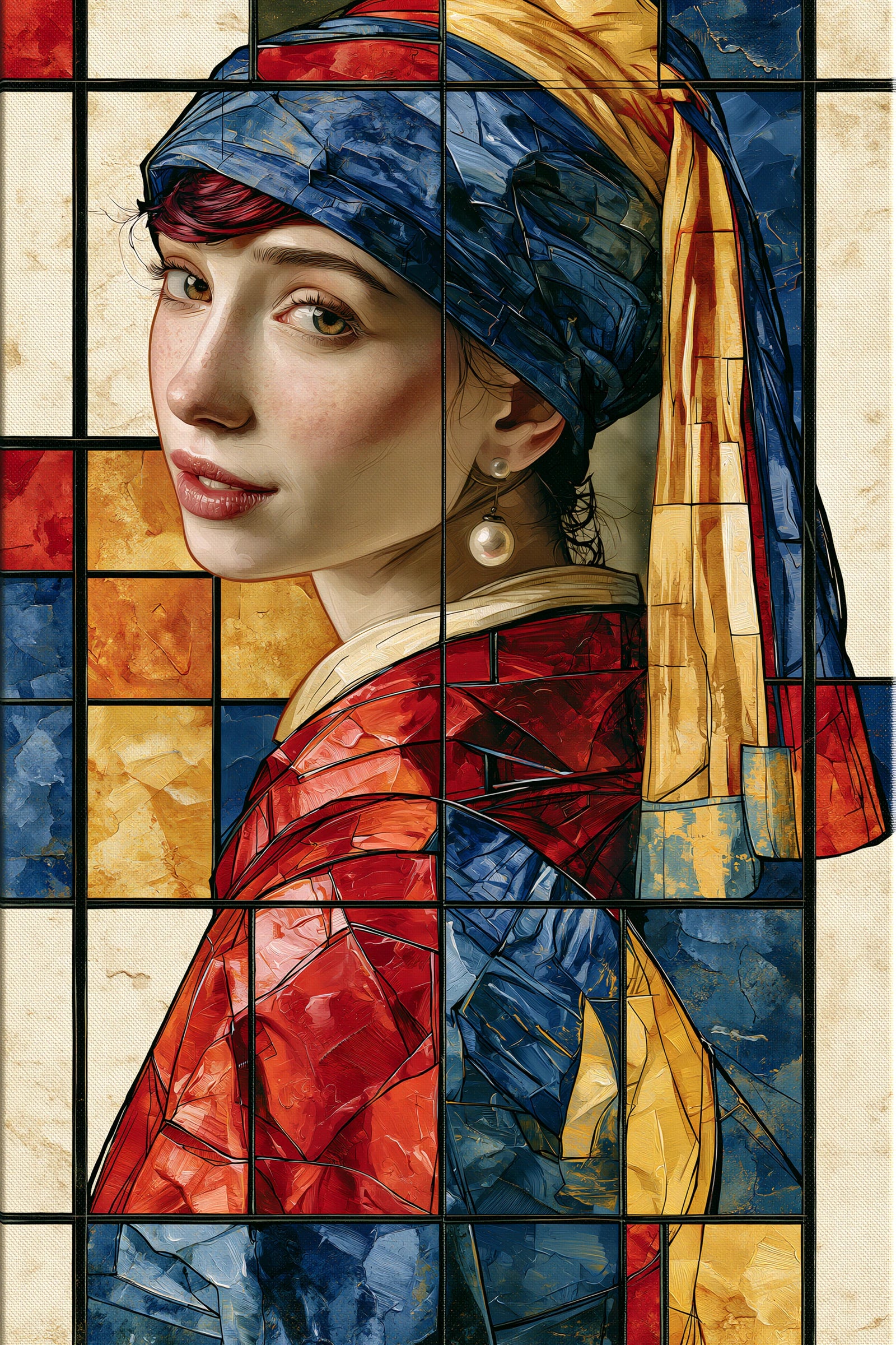 Portrait géométrique rouge bleu et jaune, format XL