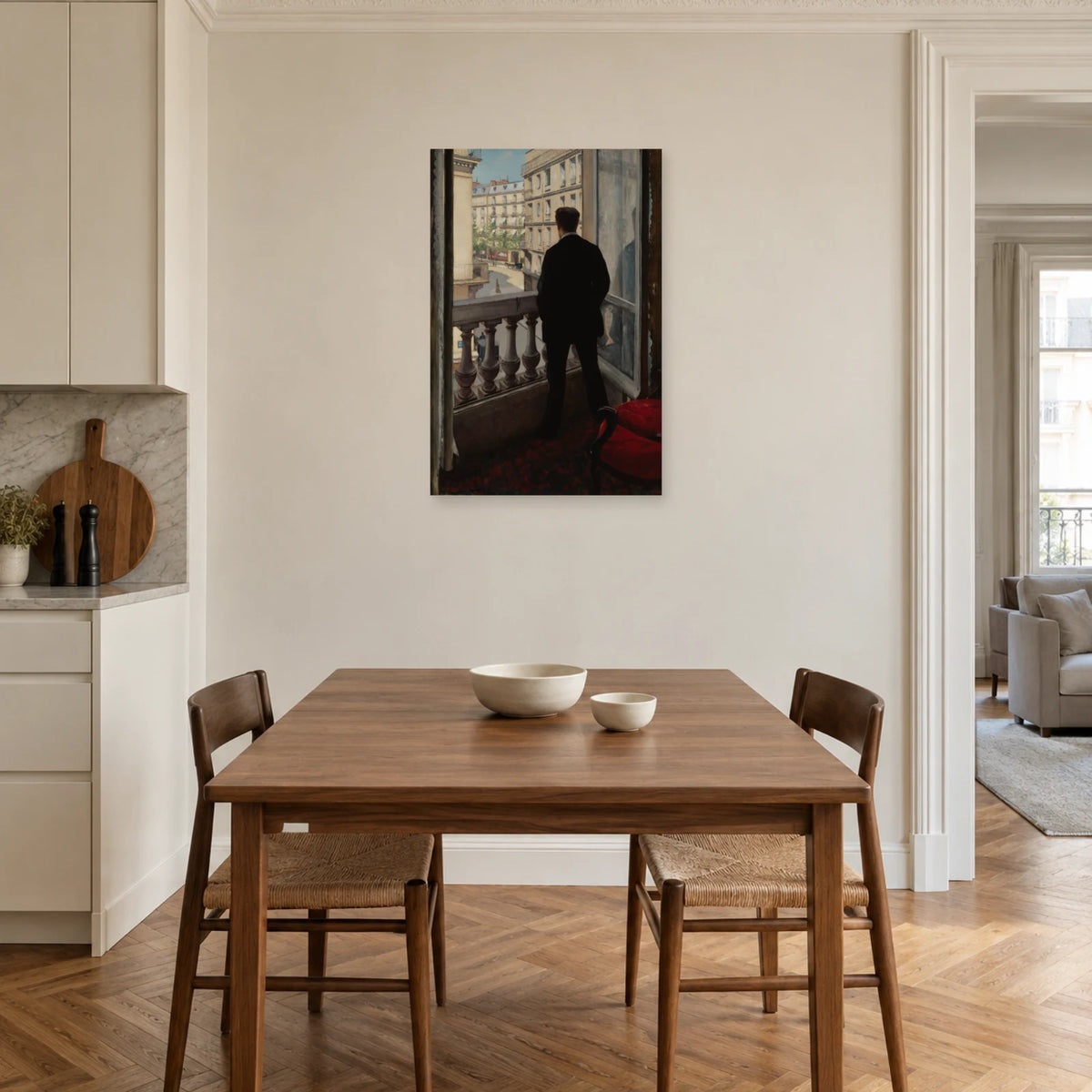 Tableau Jeune Homme à sa fenêtre de Caillebotte dans une salle à manger - Art Virtuoso