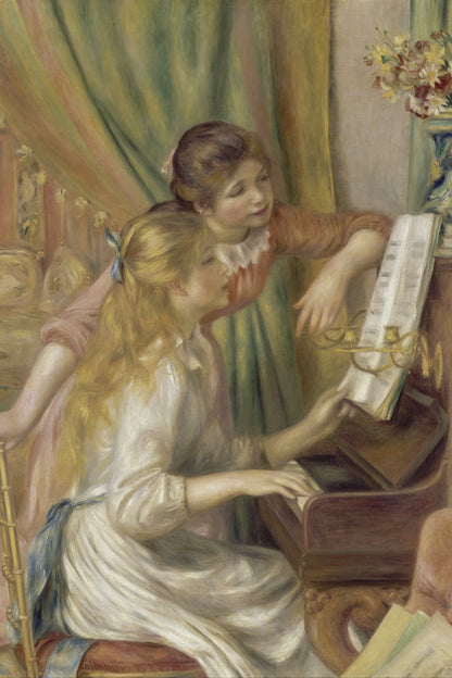 Musiciennes de Renoir devant un rideau vert olive, format vertical M