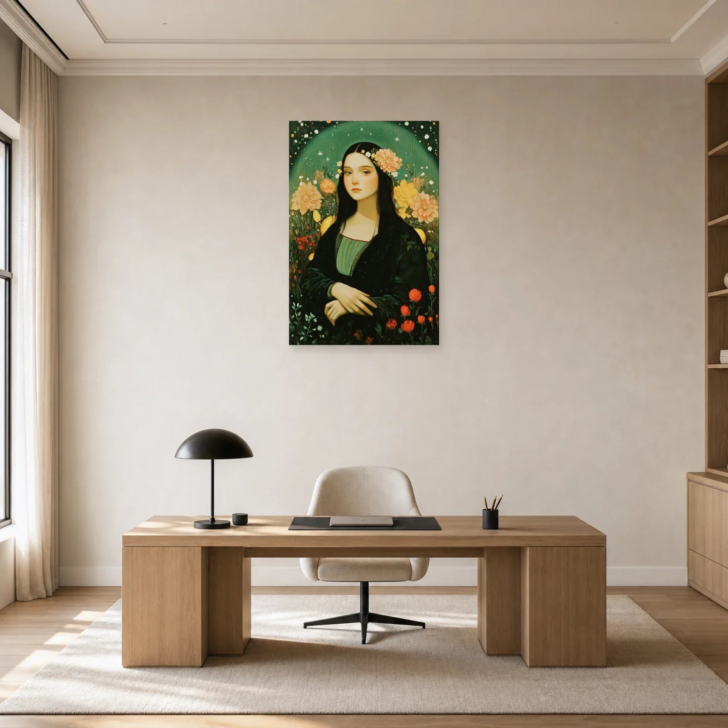 Portrait floral vert installé dans un bureau calme