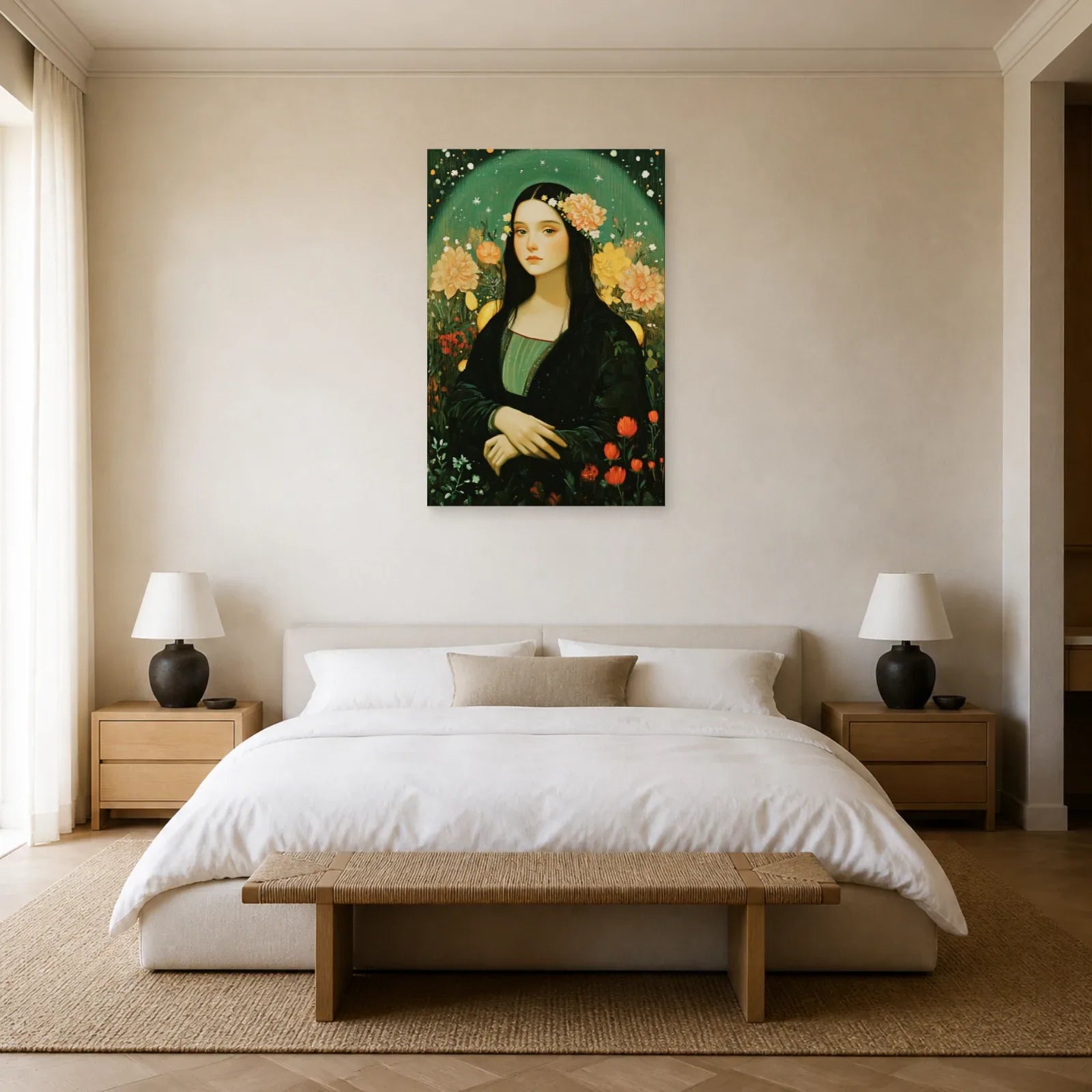 Tableau Joconde aux fleurs orange dans une chambre