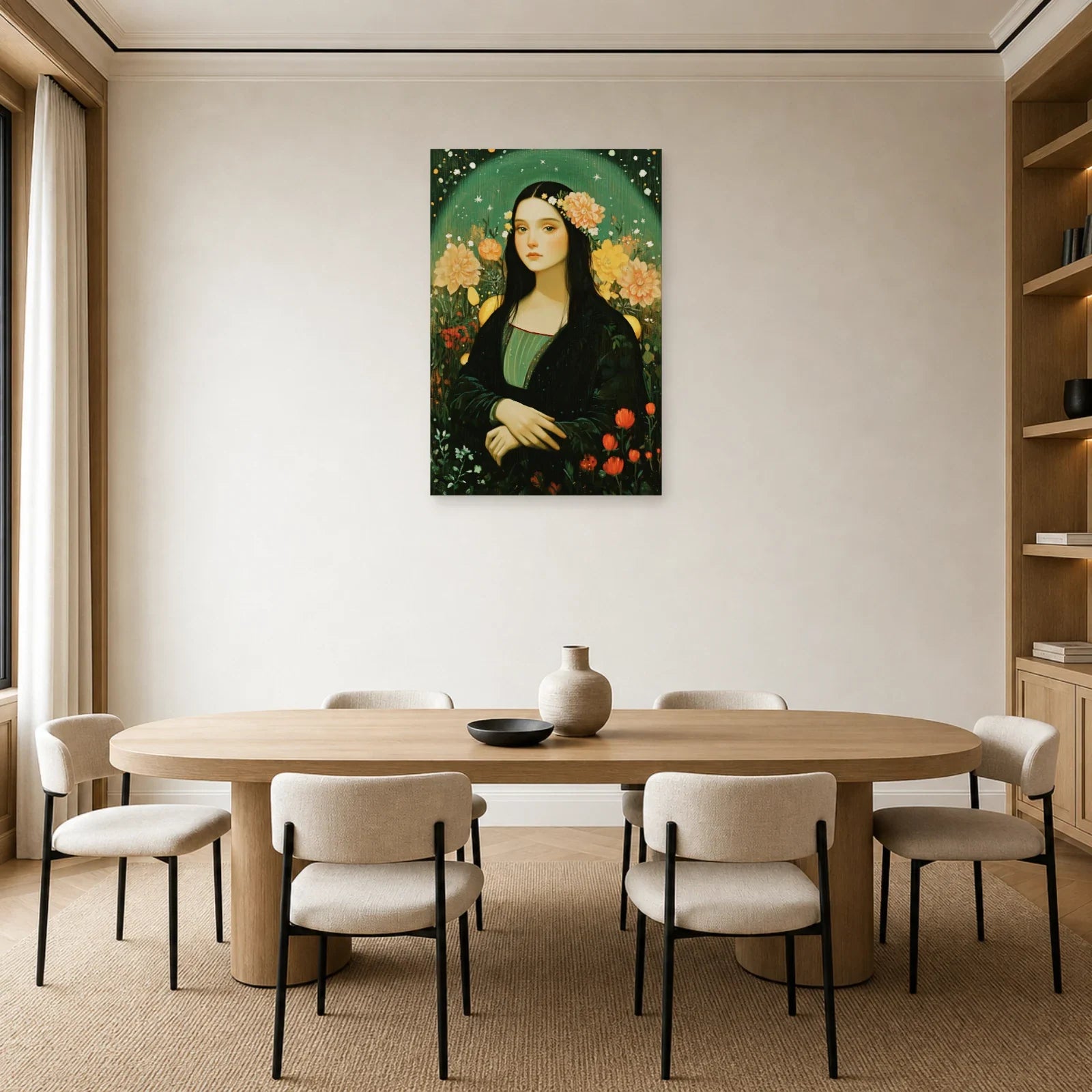 Portrait botanique présenté dans une salle à manger verte