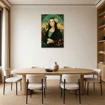 Portrait botanique présenté dans une salle à manger verte