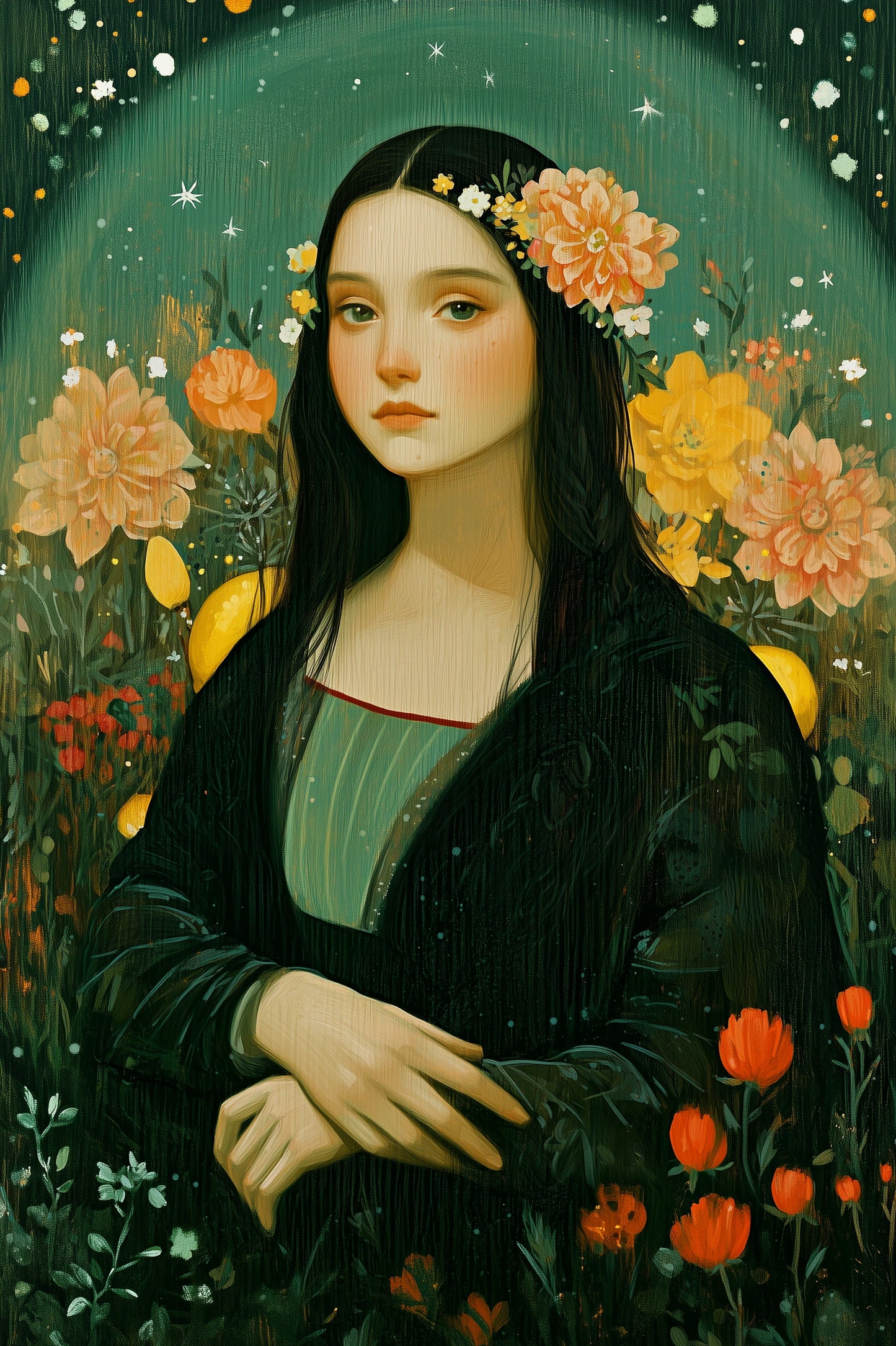 Portrait de la Joconde aux mains croisées et fleurs, format S
