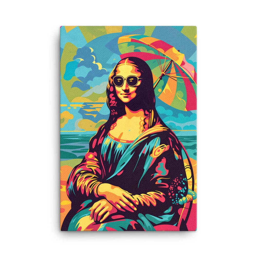 mona lisa tableau pop art coloré à la plage parasol lunettes de soleil mockup ambiance déco