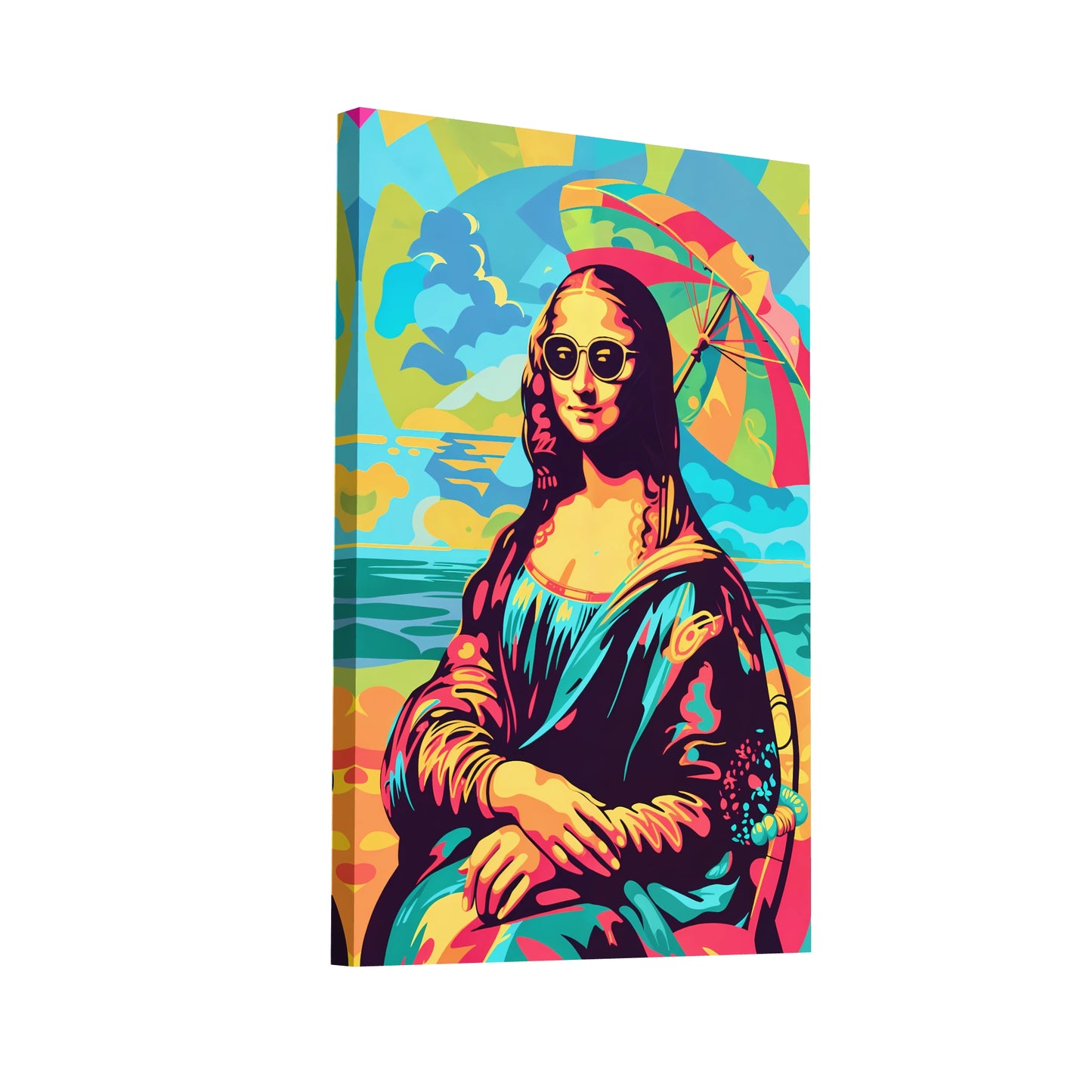 Product Hero 3D WebP Tableau Joconde Pop Art - Mona Lisa à la plage - Art Virtuoso