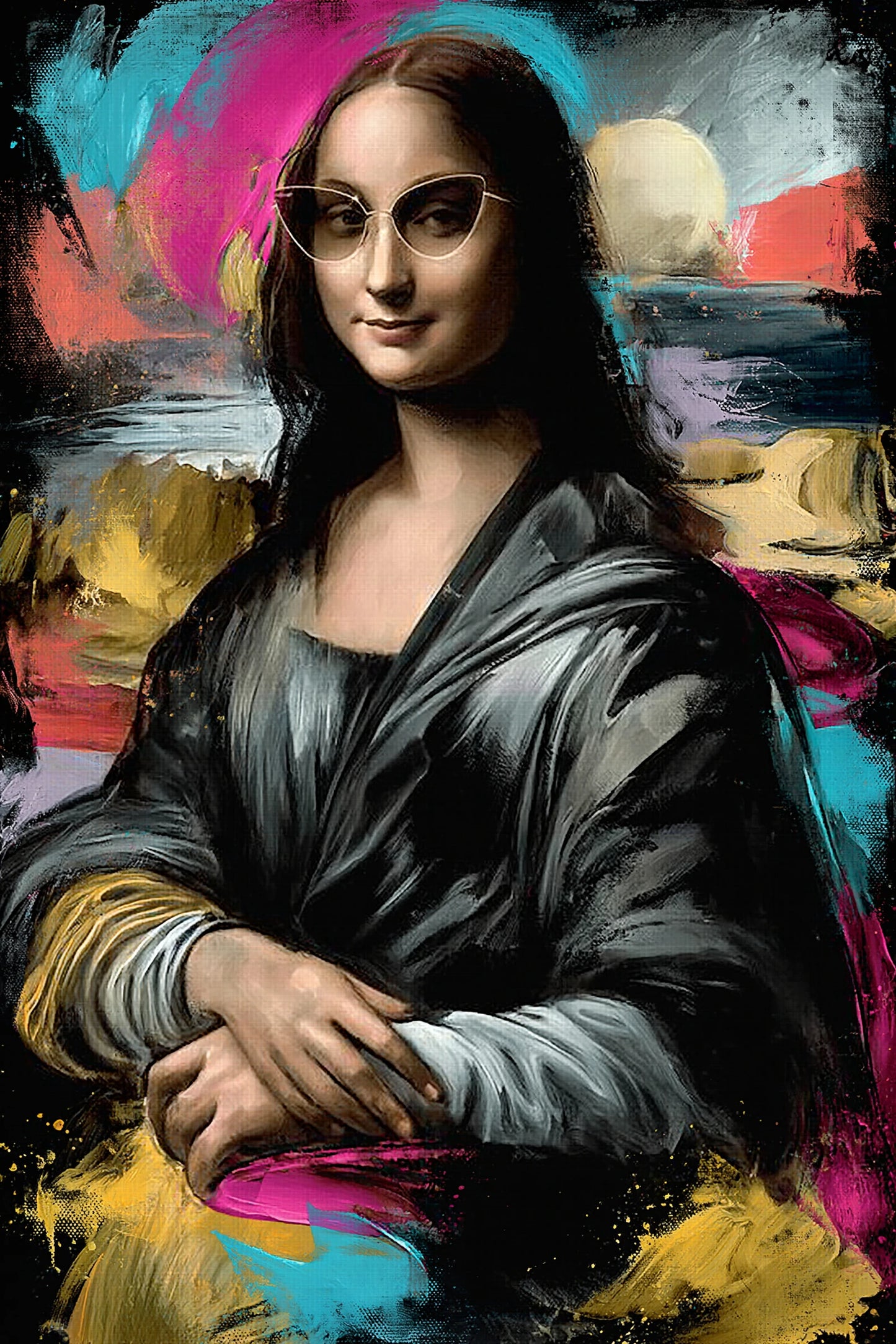 Joconde en robe noire sur fond cyan et fuchsia, format M