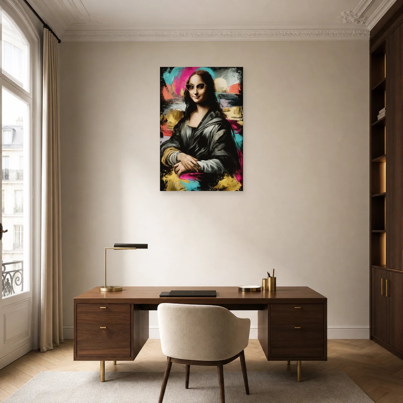 Joconde sur fond cyan et fuchsia installée dans un bureau