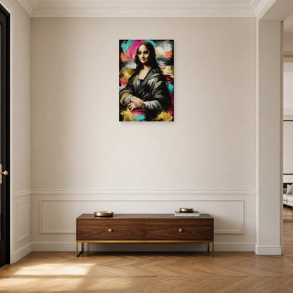 Tableau Joconde au fond abstrait accroché dans une entrée