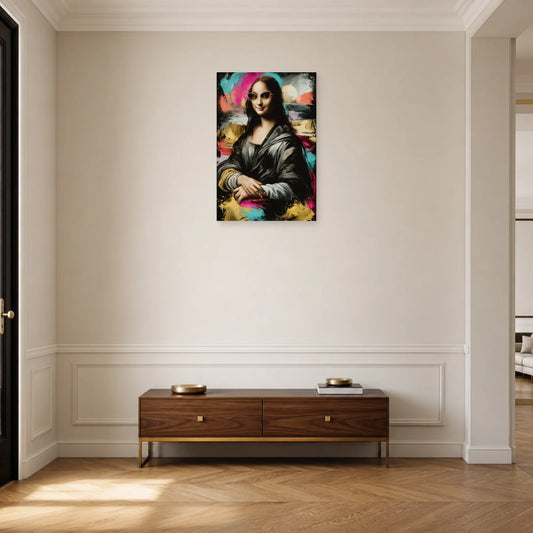 Tableau Joconde au fond abstrait accroché dans une entrée
