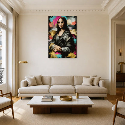 Tableau Joconde aux lunettes de soleil exposé dans un salon élégant
