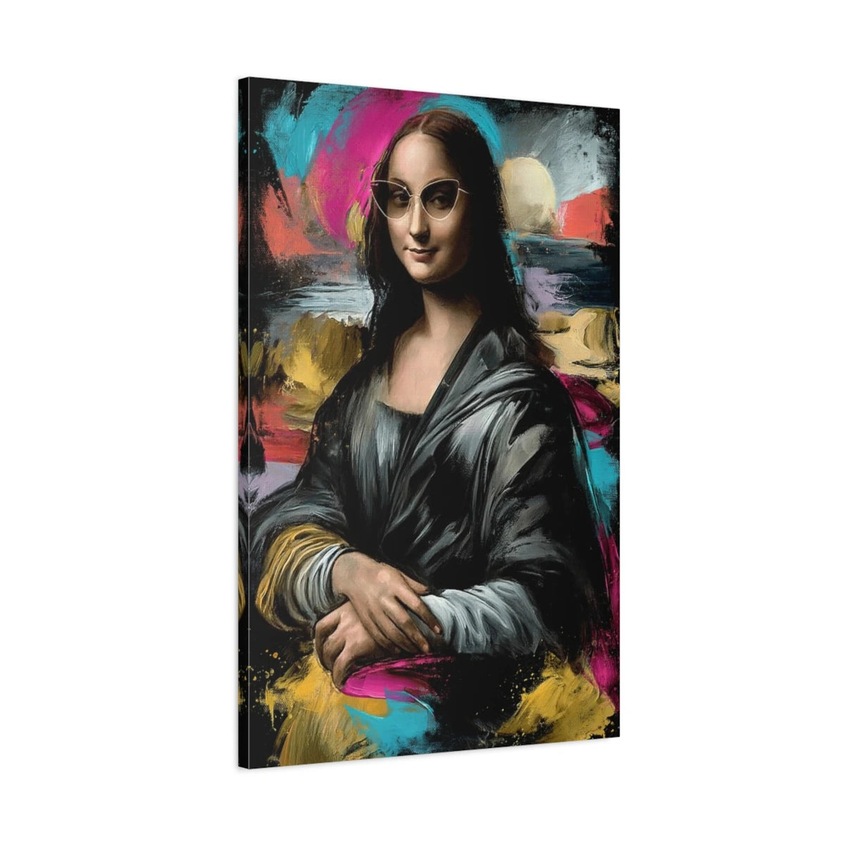Vue 3D de côté du tableau Joconde aux lunettes papillon et fond abstrait