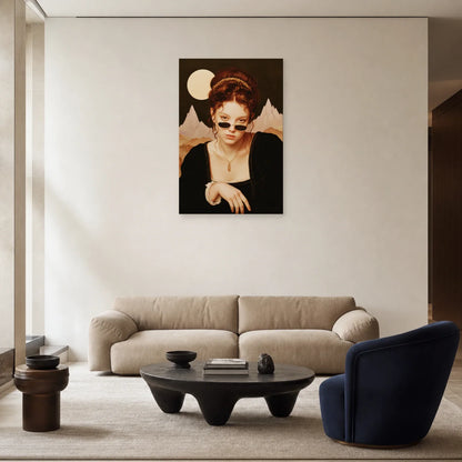 Tableau femme aux lunettes exposé dans un salon élégant