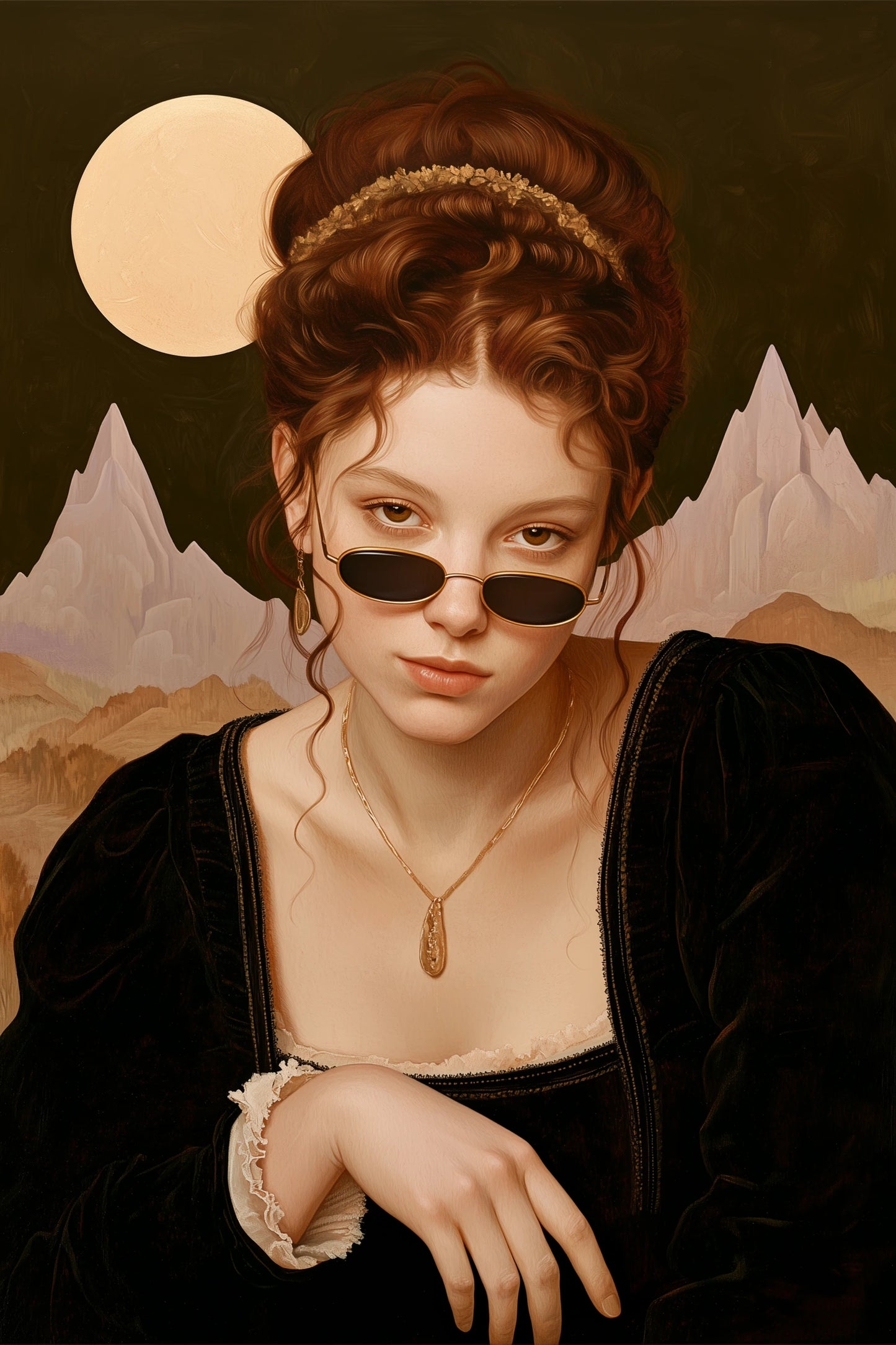 Tableau portrait vintage avec robe noire et clair de lune, format S