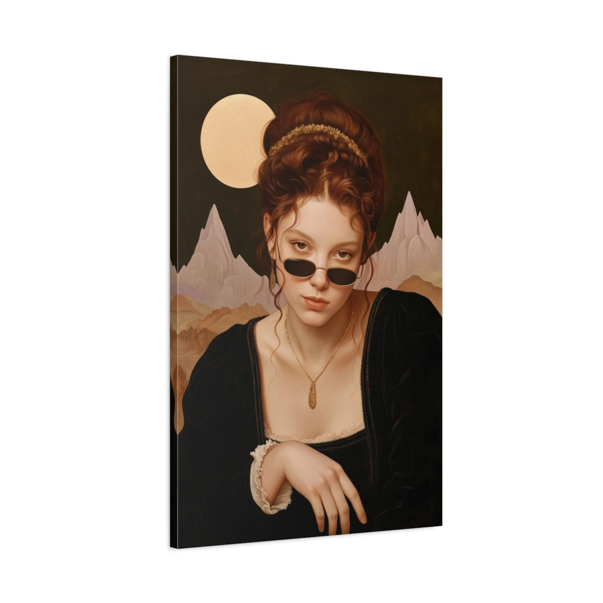 Vue 3D de côté du tableau femme rousse aux lunettes ovales