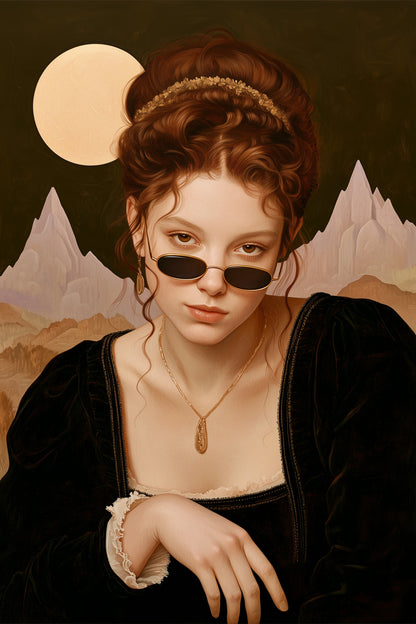 Tableau femme devant une lune et des montagnes rose poudré, format XL