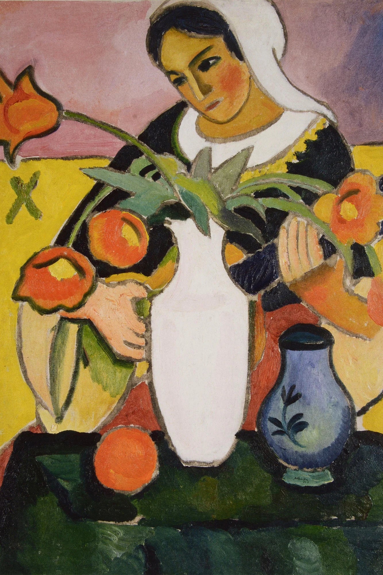 Joueuse de luth derrière un grand vase blanc, toile taille S