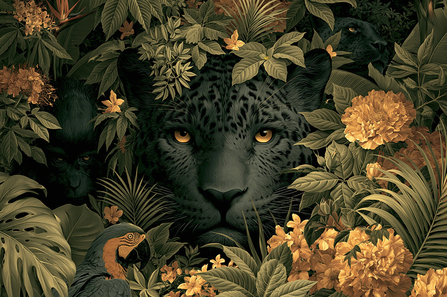 Tableau Jungle Animaux Cache-Cache - panthere noire cachee dans le feuillage tropical - grand format XXL