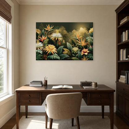 Tableau Jungle Art Naïf Fleurs Géantes dans un bureau elegant