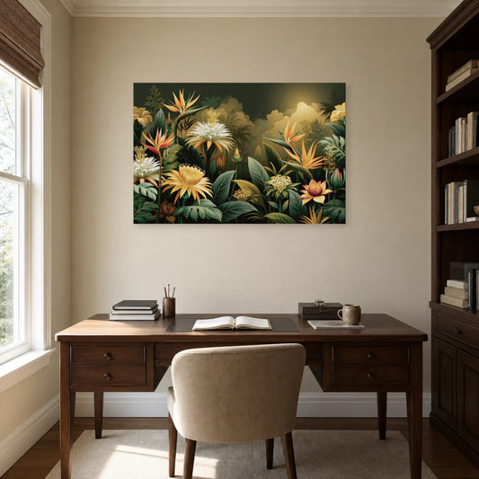 Tableau Jungle Art Naïf Fleurs Géantes dans un bureau elegant