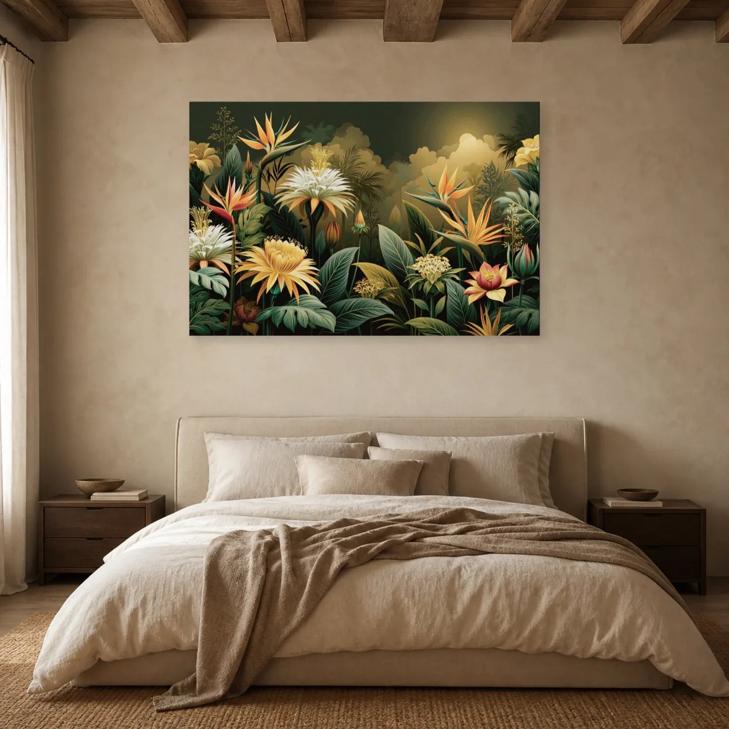 Tableau Jungle Art Naïf Fleurs Géantes dans une chambre apaisante
